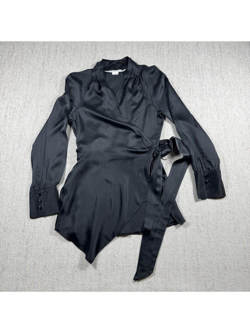 Veronica Beard Black Satin Wrap Blouse Size 8 Tie Waist Long Sleeve